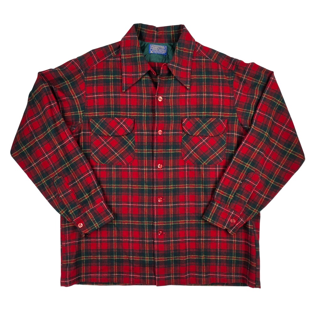 Pendleton Board Shirt Mens Large Red Green Plaid Wool Button Down Made in USA